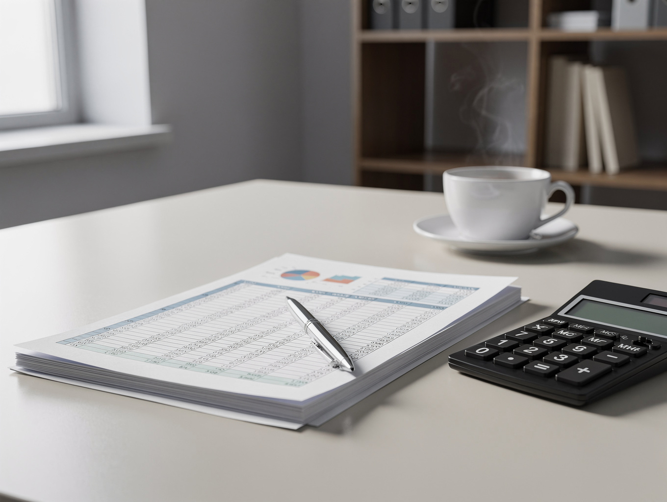 Close up of financial records and calculator on a desk